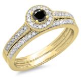0.50 Carat (ctw) 10K Yellow Gold Round Black & White Diamond Ladies Halo Style Bridal Engagement Ring With Matching Band Set 1/2 CT