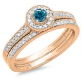 0.50 Carat (ctw) 10K Rose Gold Round Blue & White Diamond Ladies Halo Style Bridal Engagement Ring With Matching Band Set 1/2 CT