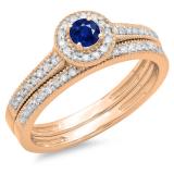 0.50 Carat (ctw) 10K Rose Gold Round Blue Sapphire & White Diamond Ladies Halo Style Bridal Engagement Ring With Matching Band Set 1/2 CT