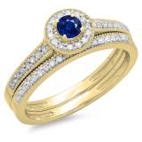 0.50 Carat (ctw) 10K Yellow Gold Round Blue Sapphire & White Diamond Ladies Halo Style Bridal Engagement Ring With Matching Band Set 1/2 CT
