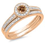 0.50 Carat (ctw) 14K Rose Gold Round Champagne & White Diamond Ladies Halo Style Bridal Engagement Ring With Matching Band Set 1/2 CT