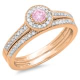 0.50 Carat (ctw) 10K Rose Gold Round Pink Sapphire & White Diamond Ladies Halo Style Bridal Engagement Ring With Matching Band Set 1/2 CT
