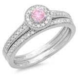 0.50 Carat (ctw) 10K White Gold Round Pink Sapphire & White Diamond Ladies Halo Style Bridal Engagement Ring With Matching Band Set 1/2 CT