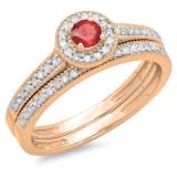0.50 Carat (ctw) 10K Rose Gold Round Red Ruby & White Diamond Ladies Halo Style Bridal Engagement Ring With Matching Band Set 1/2 CT