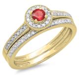 0.50 Carat (ctw) 10K Yellow Gold Round Red Ruby & White Diamond Ladies Halo Style Bridal Engagement Ring With Matching Band Set 1/2 CT