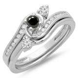 0.50 Carat (ctw) 10K White Gold Round Black & White Diamond Ladies Bridal Twisted Swirl Engagement Ring With Matching Band Set 1/2 CT