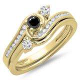 0.50 Carat (ctw) 14K Yellow Gold Round Black & White Diamond Ladies Bridal Twisted Swirl Engagement Ring With Matching Band Set 1/2 CT