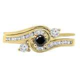 0.50 Carat (ctw) 14K Yellow Gold Round Black & White Diamond Ladies Bridal Twisted Swirl Engagement Ring With Matching Band Set 1/2 CT
