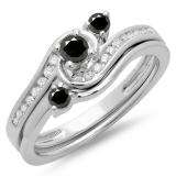 0.50 Carat (ctw) 18K White Gold Round Black & White Diamond Ladies Bridal Twisted Swirl Engagement Ring With Matching Band Set 1/2 CT