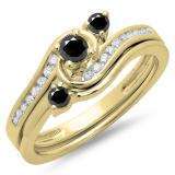 0.50 Carat (ctw) 18K Yellow Gold Round Black & White Diamond Ladies Bridal Twisted Swirl Engagement Ring With Matching Band Set 1/2 CT