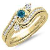 0.50 Carat (ctw) 14K Yellow Gold Round Blue & White Diamond Ladies Bridal Twisted Swirl Engagement Ring With Matching Band Set 1/2 CT