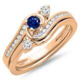 0.50 Carat (ctw) 10K Rose Gold Round Blue Sapphire & White Diamond Ladies Bridal Twisted Swirl Engagement Ring With Matching Band Set 1/2 CT