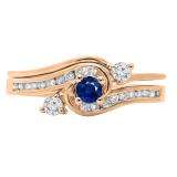 0.50 Carat (ctw) 10K Rose Gold Round Blue Sapphire & White Diamond Ladies Bridal Twisted Swirl Engagement Ring With Matching Band Set 1/2 CT