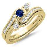 0.50 Carat (ctw) 10K Yellow Gold Round Blue Sapphire & White Diamond Ladies Bridal Twisted Swirl Engagement Ring With Matching Band Set 1/2 CT