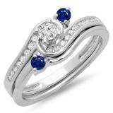 0.50 Carat (ctw) 10K White Gold Round Blue Sapphire & White Diamond Ladies Bridal Twisted Swirl Engagement Ring With Matching Band Set 1/2 CT