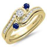 0.50 Carat (ctw) 14K Yellow Gold Round Blue Sapphire & White Diamond Ladies Bridal Twisted Swirl Engagement Ring With Matching Band Set 1/2 CT