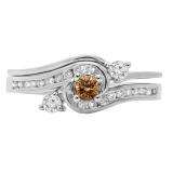 0.50 Carat (ctw) 10K White Gold Round Champagne & White Diamond Ladies Bridal Twisted Swirl Engagement Ring With Matching Band Set 1/2 CT