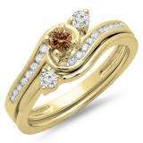 0.50 Carat (ctw) 14K Yellow Gold Round Champagne & White Diamond Ladies Bridal Twisted Swirl Engagement Ring With Matching Band Set 1/2 CT