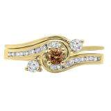0.50 Carat (ctw) 14K Yellow Gold Round Champagne & White Diamond Ladies Bridal Twisted Swirl Engagement Ring With Matching Band Set 1/2 CT