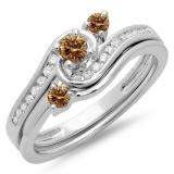 0.50 Carat (ctw) 10K White Gold Round Champagne & White Diamond Ladies Bridal Twisted Swirl Engagement Ring With Matching Band Set 1/2 CT