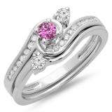 0.50 Carat (ctw) 14K White Gold Round Pink Sapphire & White Diamond Ladies Bridal Twisted Swirl Engagement Ring With Matching Band Set 1/2 CT