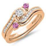 0.50 Carat (ctw) 10K Rose Gold Round Pink Sapphire & White Diamond Ladies Bridal Twisted Swirl Engagement Ring With Matching Band Set 1/2 CT