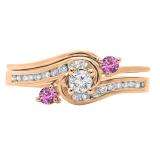 0.50 Carat (ctw) 10K Rose Gold Round Pink Sapphire & White Diamond Ladies Bridal Twisted Swirl Engagement Ring With Matching Band Set 1/2 CT