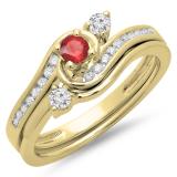 0.50 Carat (ctw) 10K Yellow Gold Round Red Ruby & White Diamond Ladies Bridal Twisted Swirl Engagement Ring With Matching Band Set 1/2 CT