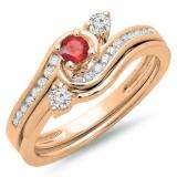 0.50 Carat (ctw) 14K Rose Gold Round Red Ruby & White Diamond Ladies Bridal Twisted Swirl Engagement Ring With Matching Band Set 1/2 CT
