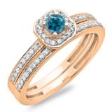 0.55 Carat (ctw) 10K Rose Gold Round Cut Blue & White Diamond Ladies Halo Engagement Bridal Ring With Matching Band Set 1/2 CT