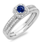 0.55 Carat (ctw) 10K White Gold Round Cut Blue Sapphire & White Diamond Ladies Halo Engagement Bridal Ring With Matching Band Set 1/2 CT