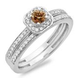 0.55 Carat (ctw) 10K White Gold Round Cut Champagne & White Diamond Ladies Halo Engagement Bridal Ring With Matching Band Set 1/2 CT