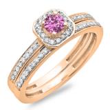 0.55 Carat (ctw) 10K Rose Gold Round Cut Pink Sapphire & White Diamond Ladies Halo Engagement Bridal Ring With Matching Band Set 1/2 CT