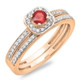 0.55 Carat (ctw) 10K Rose Gold Round Cut Red Ruby & White Diamond Ladies Halo Engagement Bridal Ring With Matching Band Set 1/2 CT