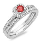 0.55 Carat (ctw) 14K White Gold Round Cut Red Ruby & White Diamond Ladies Halo Engagement Bridal Ring With Matching Band Set 1/2 CT