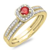 0.55 Carat (ctw) 14K Yellow Gold Round Cut Red Ruby & White Diamond Ladies Halo Engagement Bridal Ring With Matching Band Set 1/2 CT