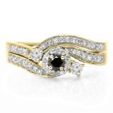 0.65 Carat (ctw) 10K Yellow Gold Round Black & White Diamond Ladies Twisted Swirl Bridal Halo Engagement Ring With Matching Band Set
