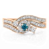 0.65 Carat (ctw) 10K Rose Gold Round Blue & White Diamond Ladies Twisted Swirl Bridal Halo Engagement Ring With Matching Band Set