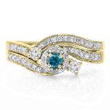 0.65 Carat (ctw) 10K Yellow Gold Round Blue & White Diamond Ladies Twisted Swirl Bridal Halo Engagement Ring With Matching Band Set