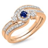 0.65 Carat (ctw) 10K Rose Gold Round Blue Sapphire & White Diamond Ladies Twisted Swirl Bridal Halo Engagement Ring With Matching Band Set
