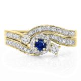 0.65 Carat (ctw) 10K Yellow Gold Round Blue Sapphire & White Diamond Ladies Twisted Swirl Bridal Halo Engagement Ring With Matching Band Set