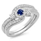 0.65 Carat (ctw) 14K White Gold Round Blue Sapphire & White Diamond Ladies Twisted Swirl Bridal Halo Engagement Ring With Matching Band Set