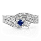 0.65 Carat (ctw) 14K White Gold Round Blue Sapphire & White Diamond Ladies Twisted Swirl Bridal Halo Engagement Ring With Matching Band Set
