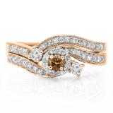 0.65 Carat (ctw) 14K Rose Gold Round Champagne & White Diamond Ladies Twisted Swirl Bridal Halo Engagement Ring With Matching Band Set