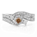 0.65 Carat (ctw) 14K White Gold Round Champagne & White Diamond Ladies Twisted Swirl Bridal Halo Engagement Ring With Matching Band Set