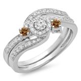 0.65 Carat (ctw) 14K White Gold Round Champagne & White Diamond Ladies Twisted Swirl Bridal Halo Engagement Ring With Matching Band Set