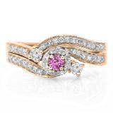 0.65 Carat (ctw) 10K Rose Gold Round Pink Sapphire & White Diamond Ladies Twisted Swirl Bridal Halo Engagement Ring With Matching Band Set