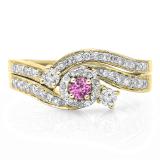 0.65 Carat (ctw) 10K Yellow Gold Round Pink Sapphire & White Diamond Ladies Twisted Swirl Bridal Halo Engagement Ring With Matching Band Set