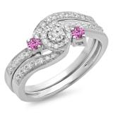 0.65 Carat (ctw) 18K White Gold Round Pink Sapphire & White Diamond Ladies Twisted Swirl Bridal Halo Engagement Ring With Matching Band Set