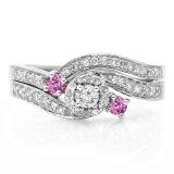 0.65 Carat (ctw) 18K White Gold Round Pink Sapphire & White Diamond Ladies Twisted Swirl Bridal Halo Engagement Ring With Matching Band Set